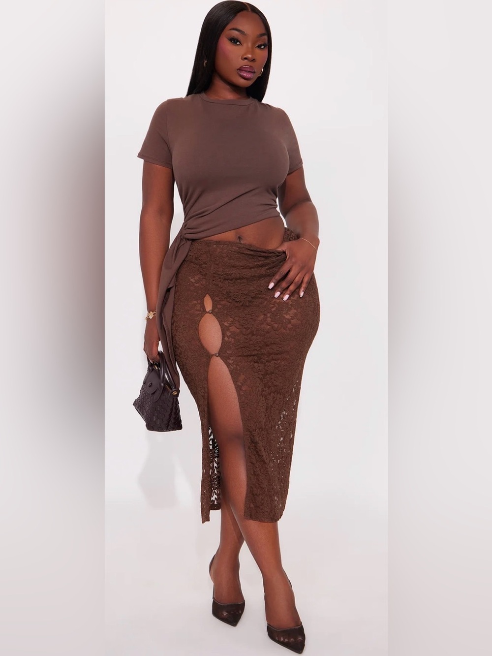 Fashion Nova Brown Lace Midi Skirt with Side Cutouts 3X